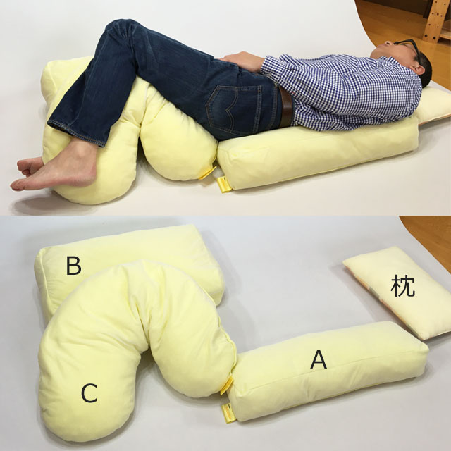 【使用例】30度側臥位でCタイプを下肢の間に挟んで。側臥位に角度を付ける時はBタイプ・Aタイプの併用がおすすめです。