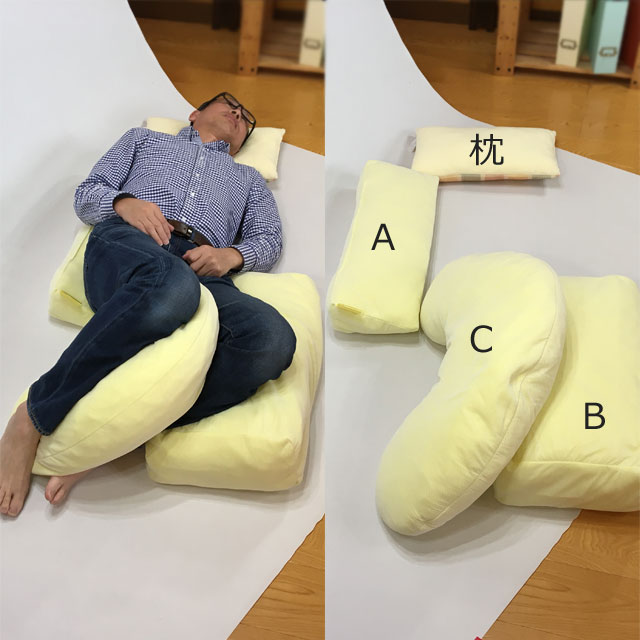 【使用例】30度側臥位で下肢の保持に。この写真では左下肢に角度を付けるための土台に使用しています。これを施さないと左下肢が倒れて骨盤が大きく捻じれます。それは良くないので必ず下肢に角度を付けましょう。