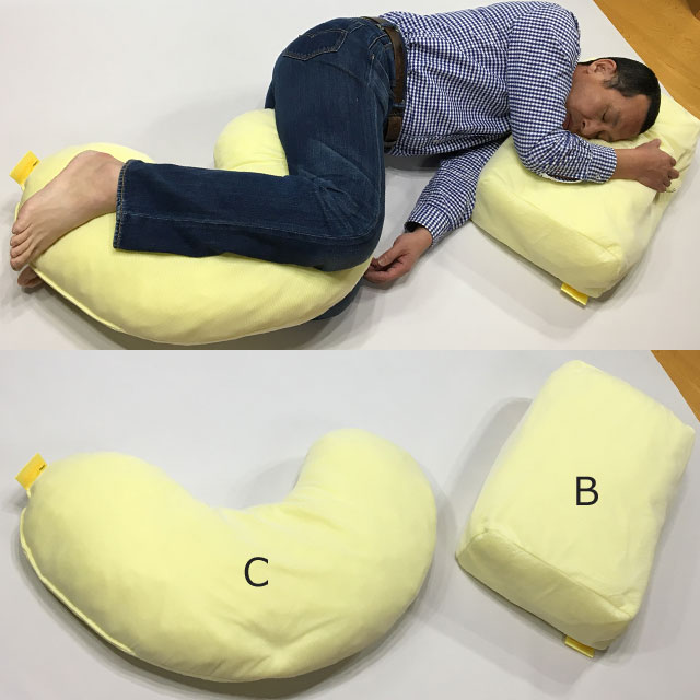 【使用例】90度側臥位の枕まくら兼上肢乗せとして。下肢の間にはさむCタイプを併用しましょう。
