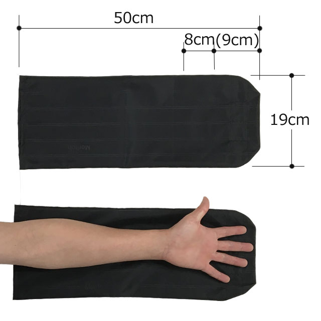 【移座えもんグローブの寸法】グローブ先端は中で人指し指・中指・薬指・小指をそれぞれ挿入するように手袋状に仕上げています。親指は開口部8cmから外に出すことができます。