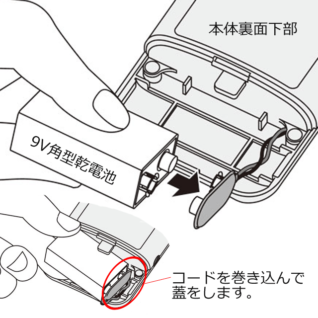 9V角型乾電池の取付け箇所は、本体裏面の下部にあります。
